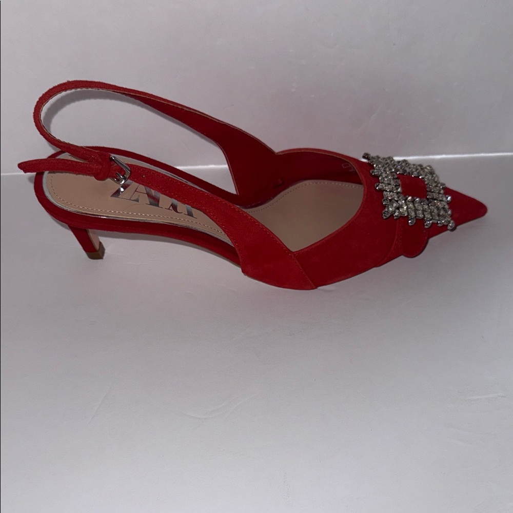 Zara Red Suede Rhinestone Brooch Pointy Toe Mid-heel Slingback Heels EU Sz 36 - Picture 4 of 8